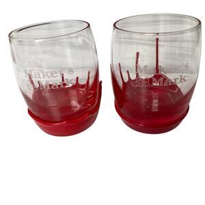 Makers Mark Bourbon Low Ball Red Wax Drip Glass Pair Set of 2 Whiskey Rocks Bar